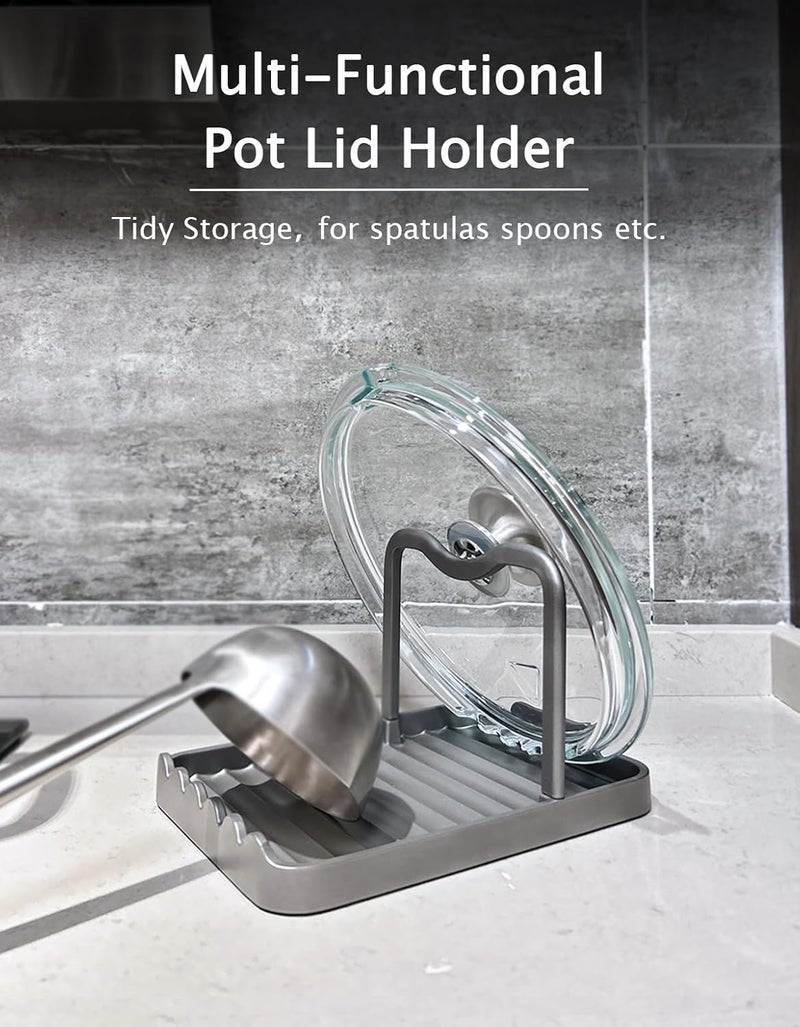 CHANNICORNER Anti-Rust Metal Spoon Rest with Lid Holder, Heat-Resistant Pot Lid Rest, Multifunctional Spatula Holder While Cooking for Stovetop and Kitchen Counter – Grey - Image 2